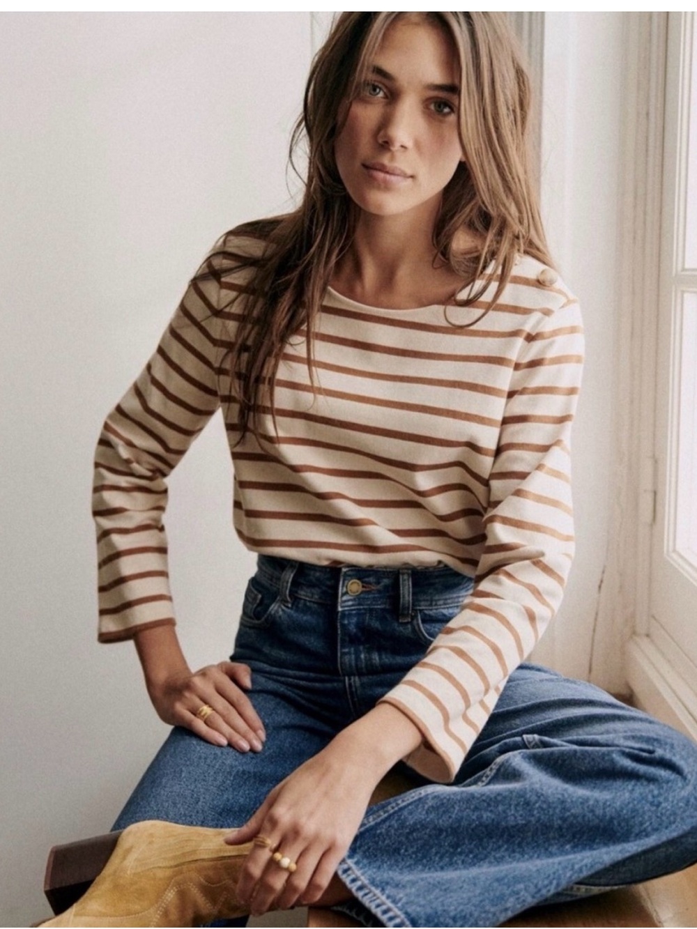 Sezane Cream & Tan Striped Boatneck Long Sleeve Tee